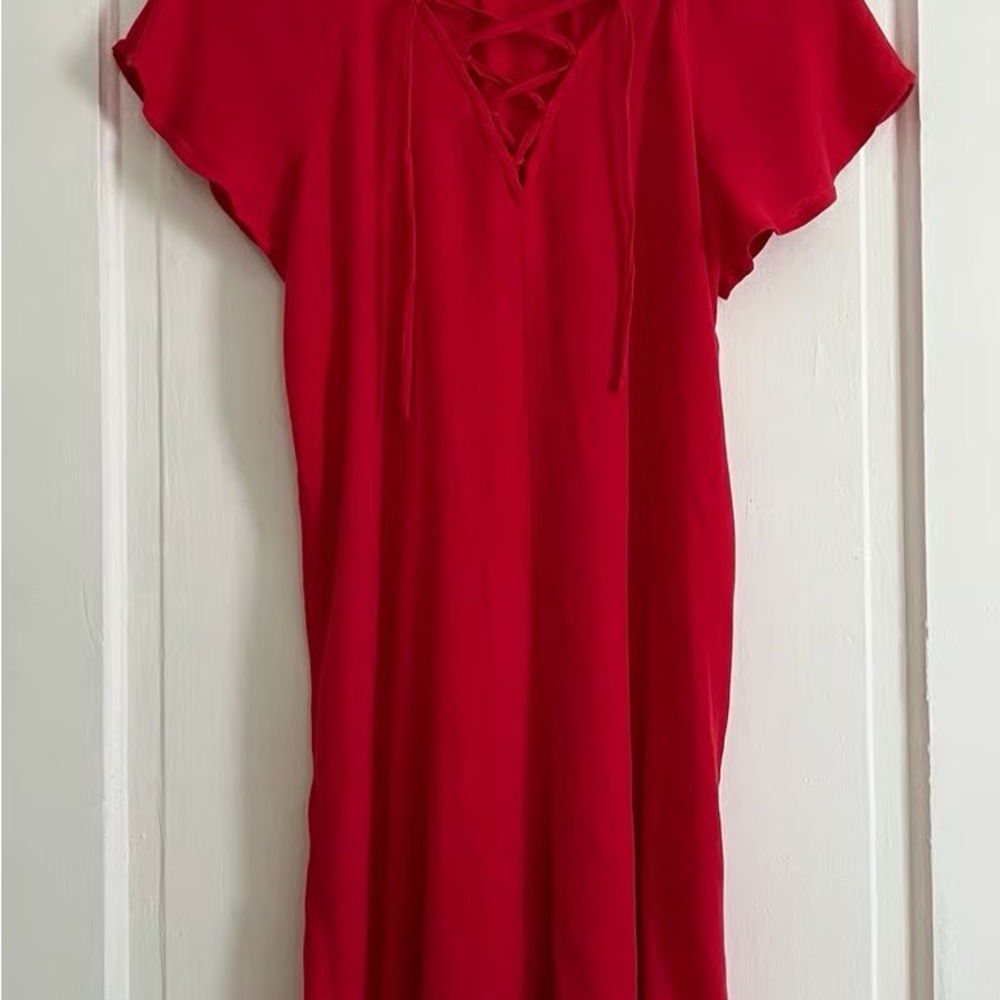 Red Lace-Up V-Neck Shift Dress